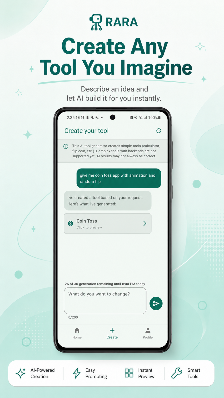 RARA create screen showing a prompt for a coin toss tool