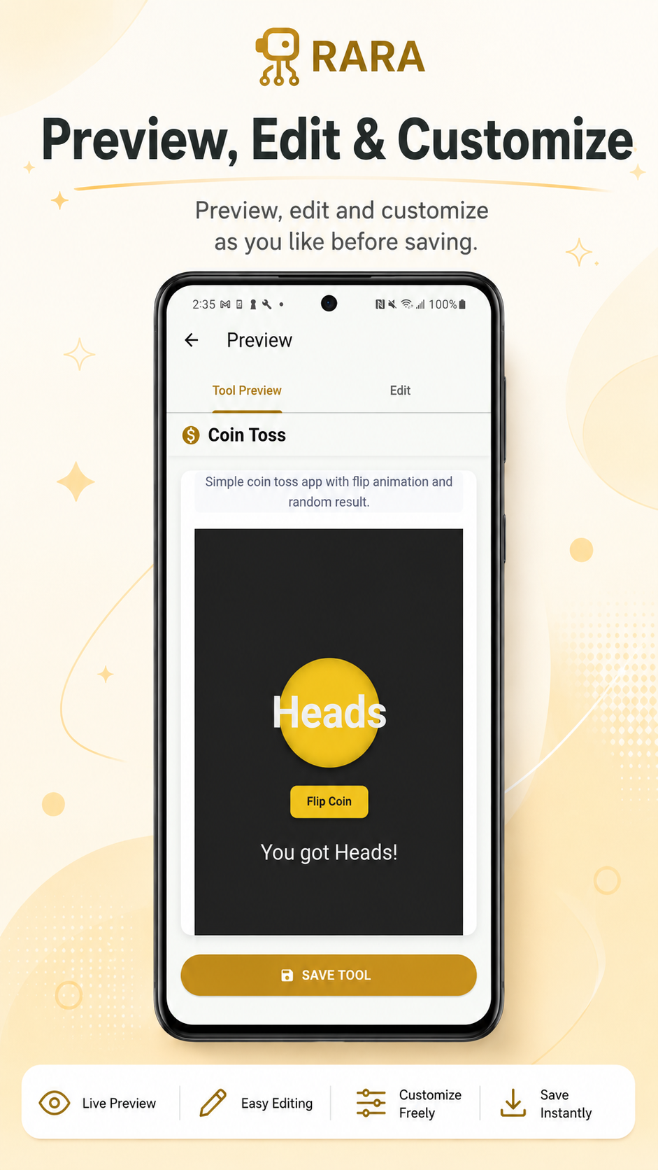 RARA preview screen showing a generated coin toss tool