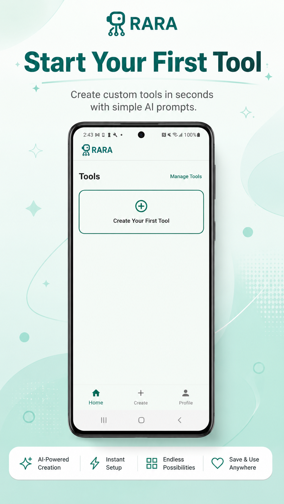 RARA home screen with create your first tool action