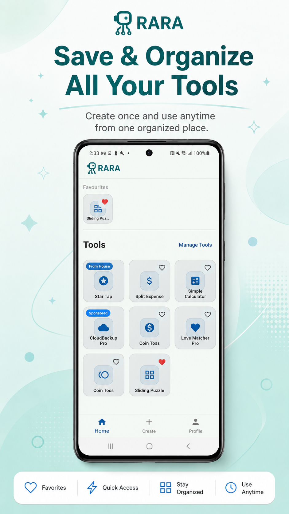 RARA home screen showing saved tools and favorites