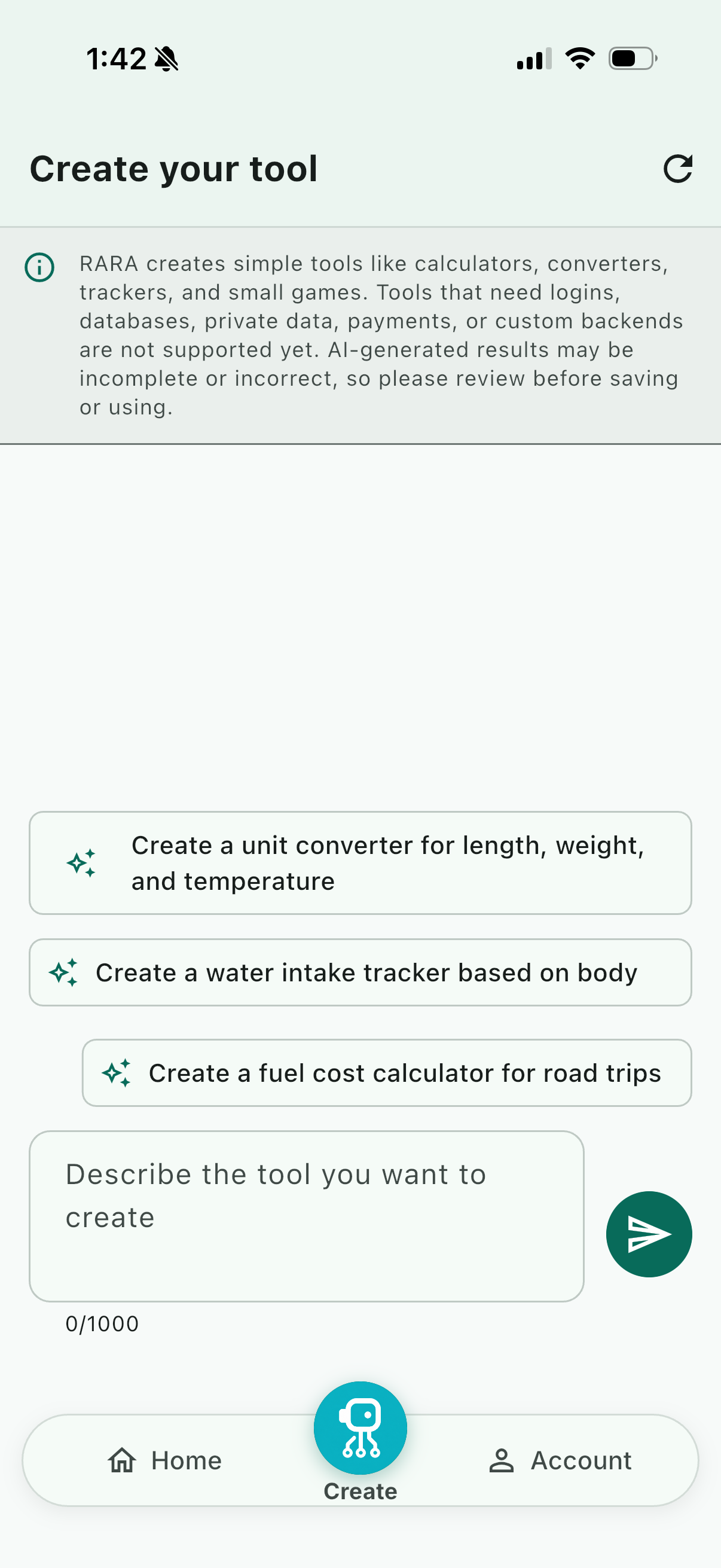 Rara App create screen with suggestions and a field to describe a tool