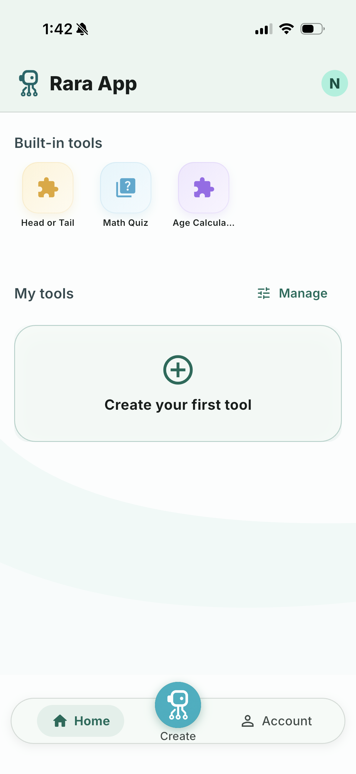 Rara App home screen with built-in tools and an option to create a first tool