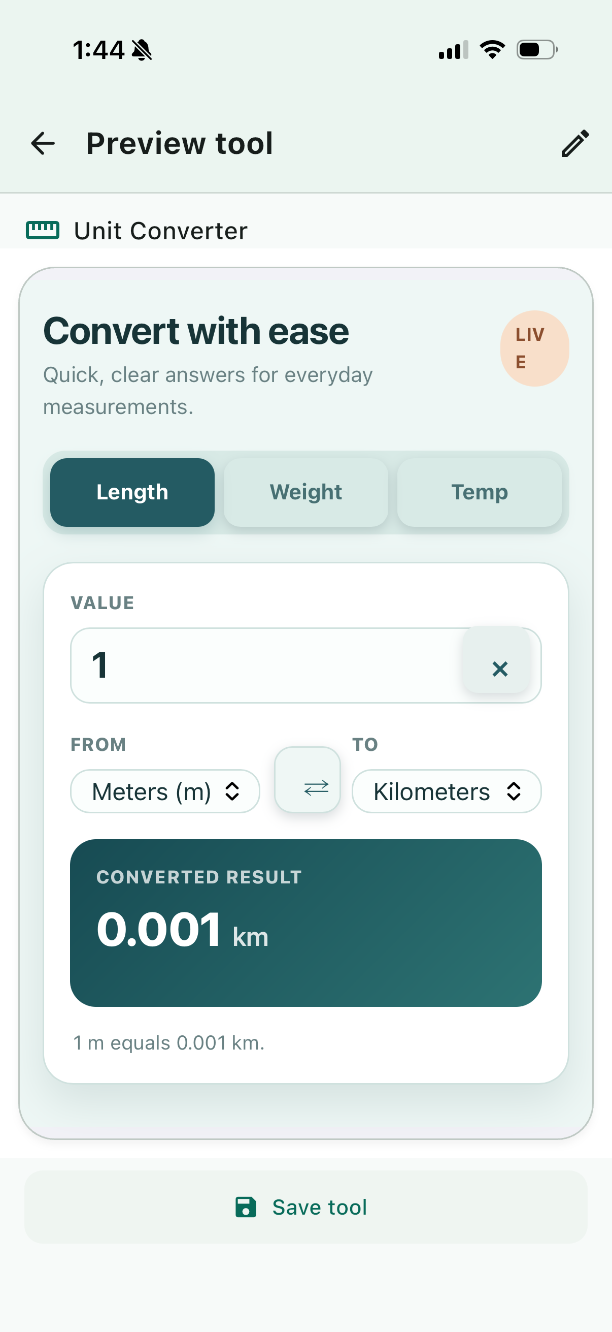 Rara App previewing a generated unit converter