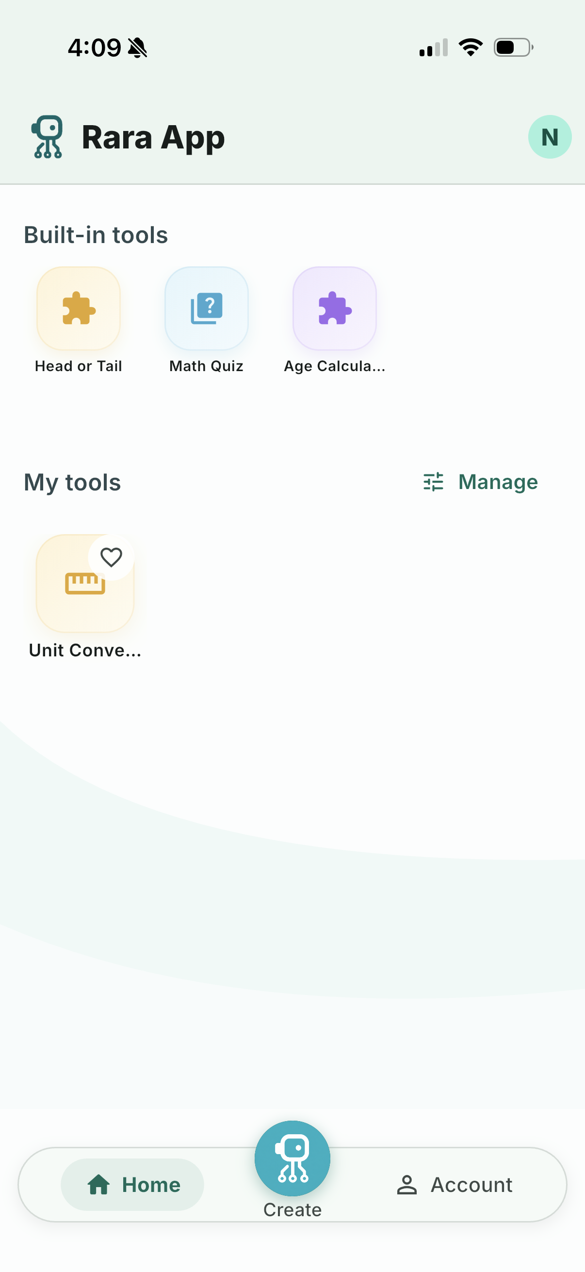Rara App home screen showing a saved tool in the user's library