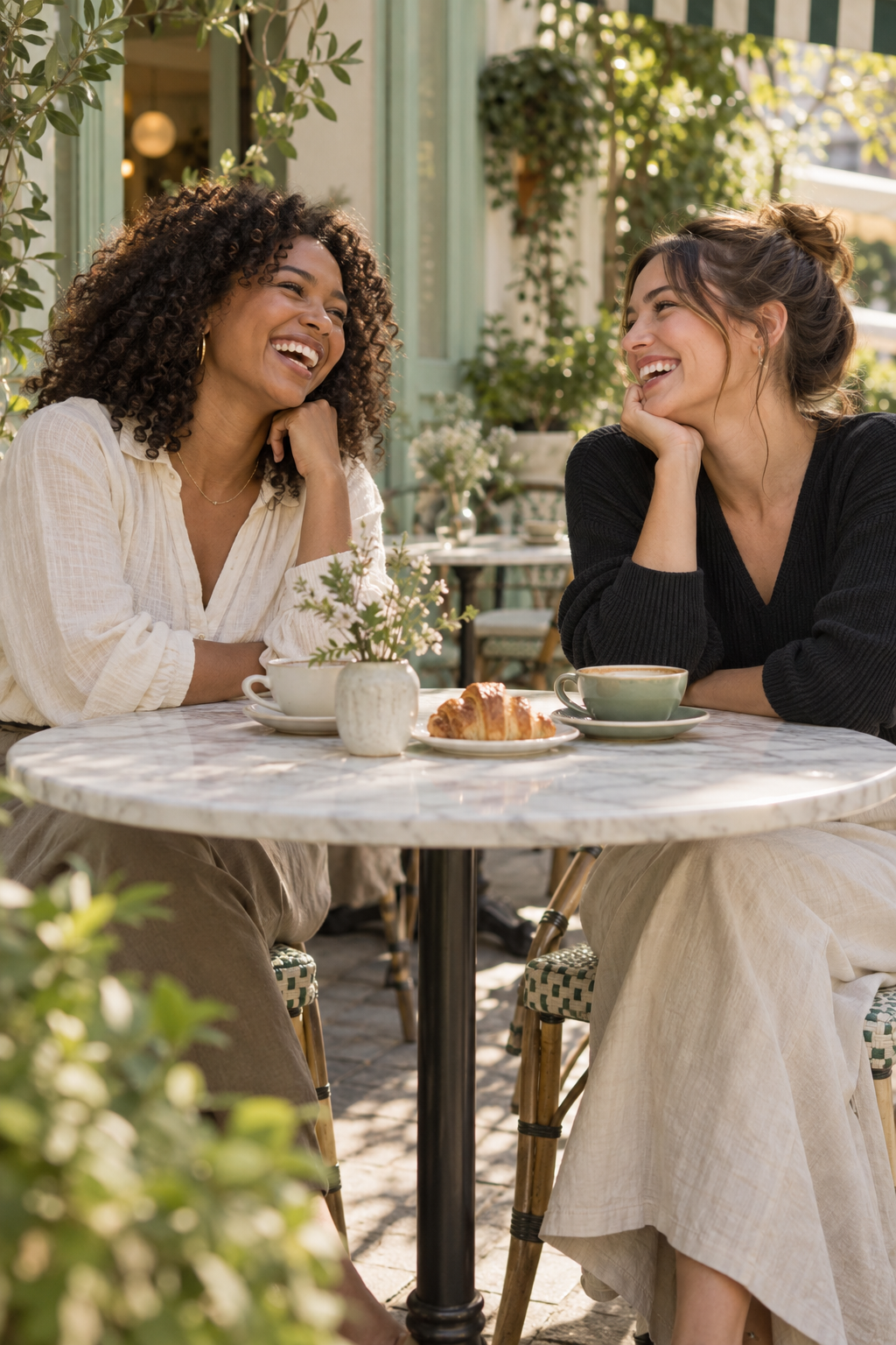 Two friends laughing together at an outdoor café
