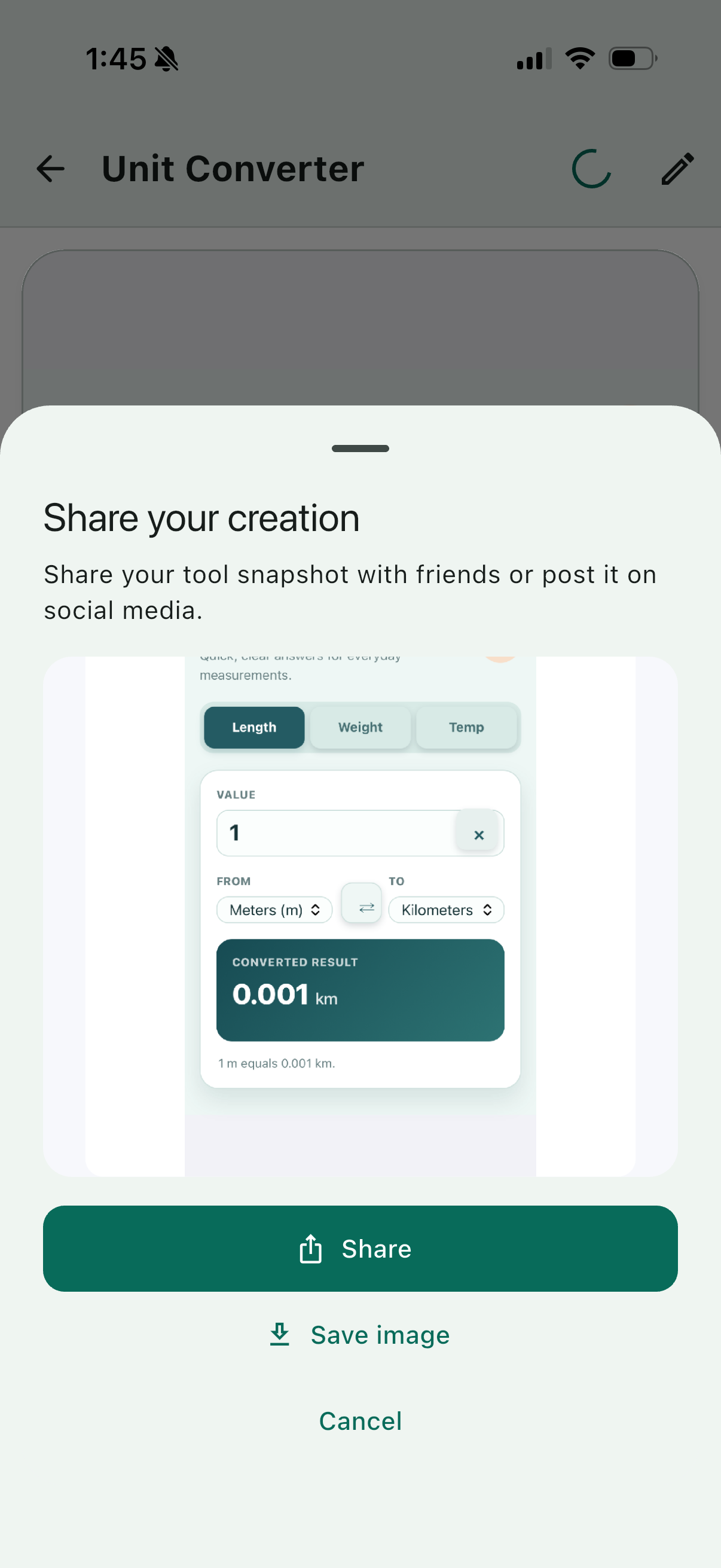 Rara App screen for sharing a snapshot image of a saved creation